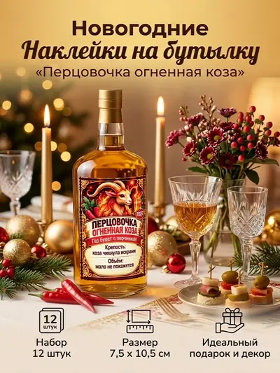 Наклейки на бутылку для Нового года "Перцовочка Огненная коза", 12 шт., 7,5х10,5 см